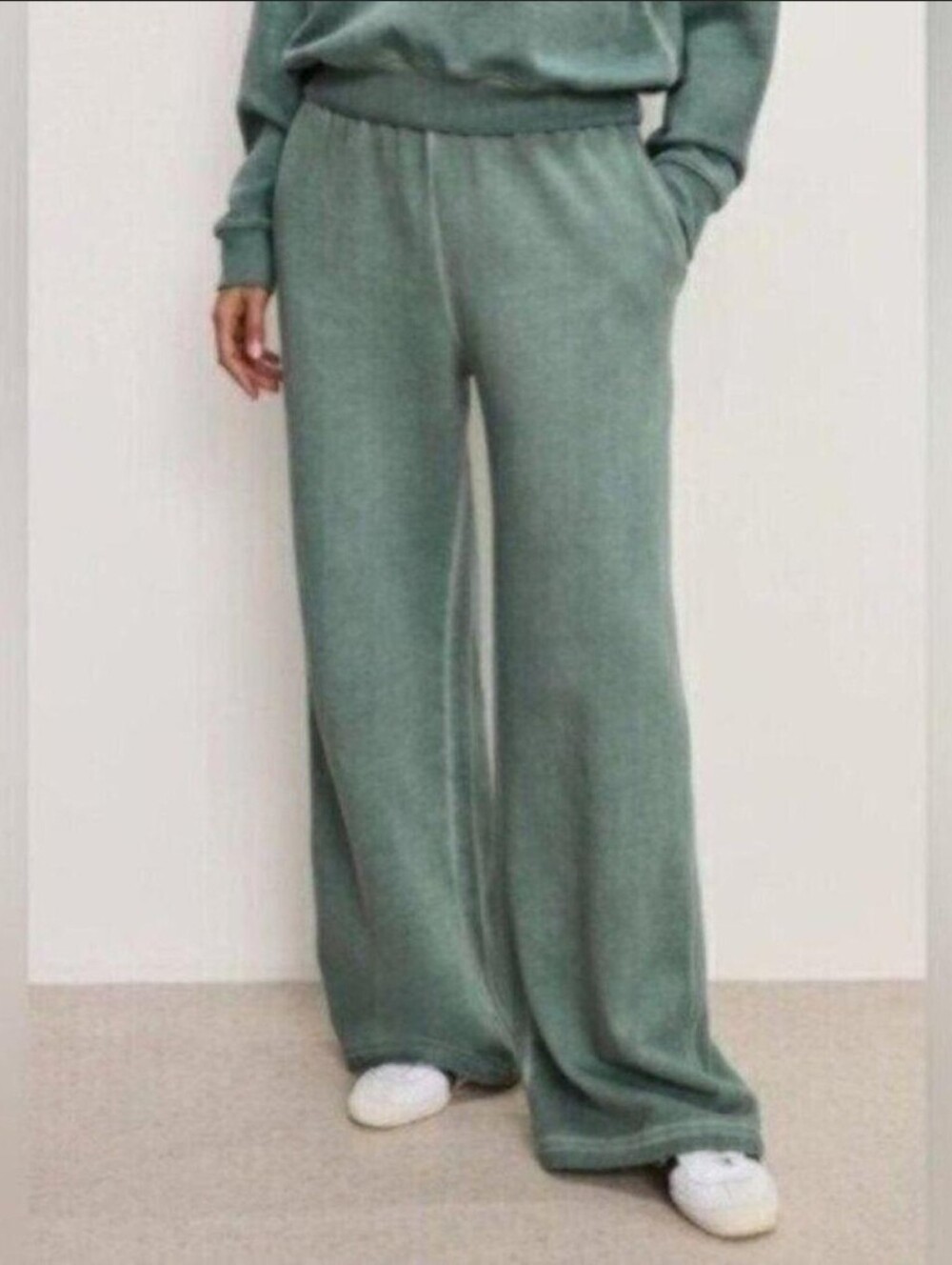 Good American Wide Leg Fleece Knit Pant sz XS Washed Green Relaxed Fit NEW $119